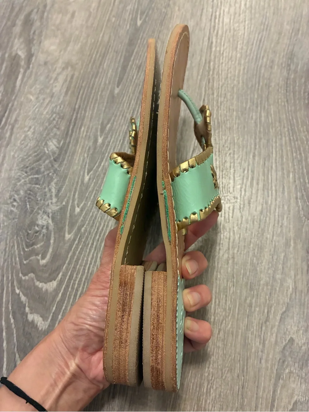 Jack Rogers Mint Green Leather Thong Sandals with Gold Accents- 10.5